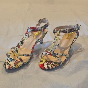 FSJ Women's‎ Colorful Strappy Open Toe Heels Poker Playing Cards 8.5
